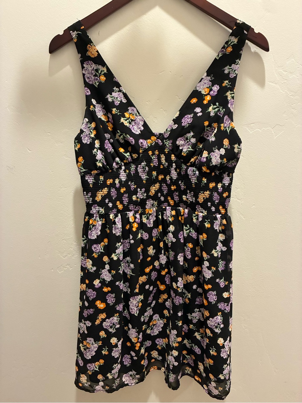 Forever 21 Black Floral V-Neck Smocked Mini Dress